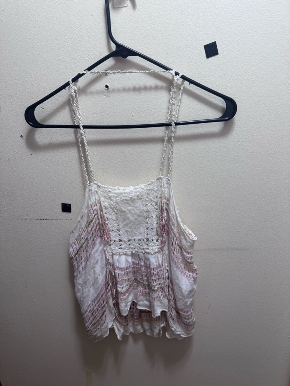 New Romantics White Crochet-Detail Camisole with Subtle Pink Stripe size small
